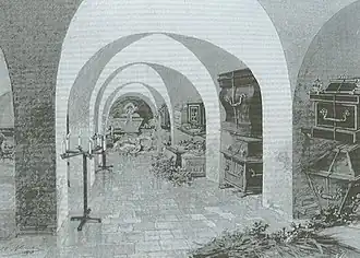 De 'nieuwe' kelder met rechts de grote kist van koning Willem I, door M de Haenen in L'illustration Européenne 8 december 1890