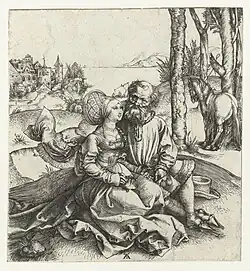 De ongelijke liefde: een oude man met een jonge vrouw[3] 1493-1497 Kopergravure 150 x 140 mm Bartsch 93