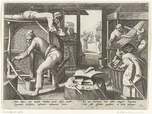 Ontwerp van Karel van Mander uit atelier van Hendrick Goltzius. Links slijpt een man een tong op een slijpsteen, die door een ander gedraaid wordt. Rechts ledigen twee mannen een draagkorf vol tongen in een mand, een vrouw houdt die mand vast. In het midden vooraan een aambeeld met smidsgereedschap. Op het aambeeld ligt een tong. In de achtergrond ziet men door een geopende deur twee kijvende vrouwen.