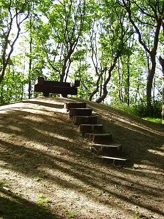De zeven pannenkoeken naar de top van de bult waaronder de Engelse steen zou liggen in het bosje Doolhof op Texel