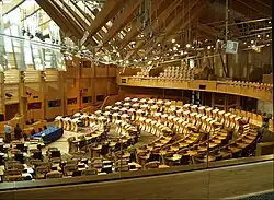 De halfronde Debating Chamber, waarbij ministers op het voorste gedeelte plaatsnemen, recht tegenover de parlementsvoorzitter en de parlementaire griffiers.