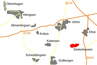 De gemeente Uetze. Dedenhausen is rood gemarkeerd.