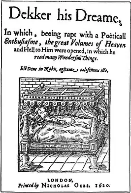 Thomas Dekker liggend in bed, afgebeeld op de titelpagina van Dekker his Dreame (1620)