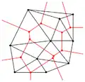 Door de middelpunten te verbinden verkrijgt men het voronoi-diagram (in het rood getekend).