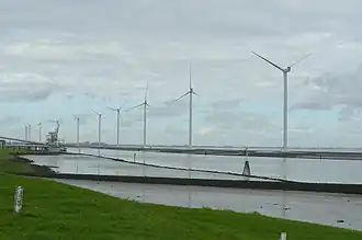 Rij met windmolens op de Schermdijk