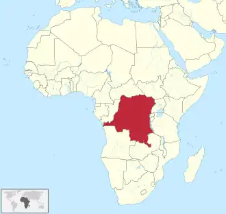 Belgisch Congo, tegenwoordig de Democratische Republiek Congo, gemarkeerd op een kaart van Afrika.