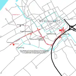 Kaartje van de route van de tijdelijke lijn 20 in 2014.