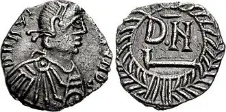 Een Denarius met de afbeelding van Thrasamund.