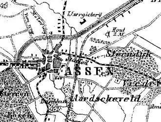 Detail van de kaart van Assen (J. Kuyper) in 1866, met midden boven de ijzergieterij