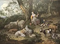 Boerin met kind en vee voor een stal