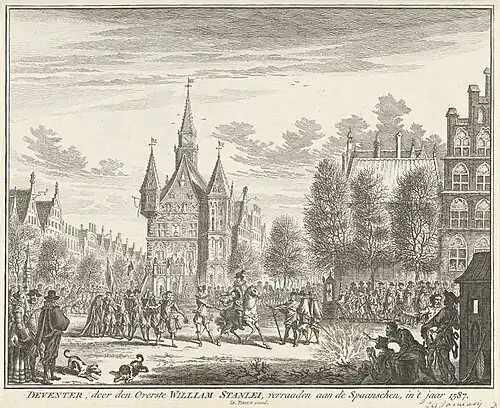 De Brink met Waag in 1578, Deventer door verraad van William Stanley in Spaanse handen, prent 18e eeuw door Simon Fokke
