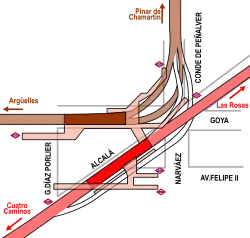 Ligging van het station en metrolijnen bij Goya