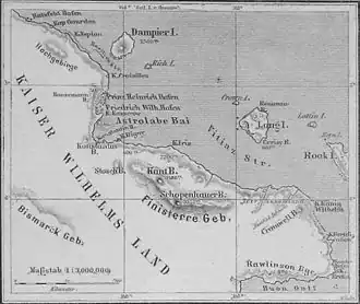 Kaart uit 1886 toen het gebied onderdeel was van Duits Nieuw-Guinea.