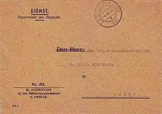 Dienstbrief van de Rijksaccountantsdienst te Zwolle, verzonden naar Assen op 4 februari 1941 vanaf het stationspostkantoor in Zwolle