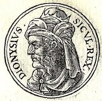 Dionysios I van Syracuse, zoals afgebeeld in het Promptuarii Iconum Insigniorum (1533)
