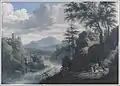 Italianiserend berglandschap met een ruiter op een weg bij een rivier (circa 1672-1687)