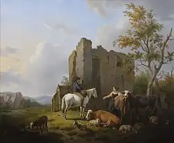 Vee en figuren bij de ruïne van een burcht