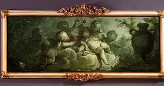 Spelende putti op wolken. Gesigneerd: "D. Vander Aa/1773". Olieverf op canvas, 119 x 45 cm.
