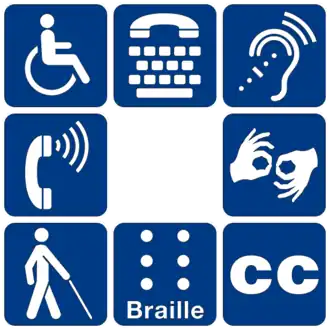 Een witte achtergrond met acht blauwe symbolen die verschillende vormen van handicap en toegankelijkheid vertegenwoordigen.