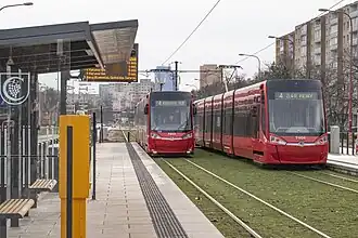 Twee Škoda trams bij een halte.