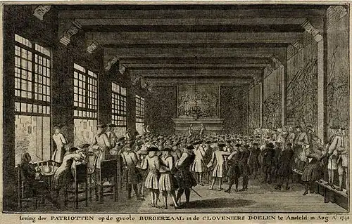 Vergadering der patriotten op de groote burgerzaal in de Cloveniers Doelen te Amsteld: in Aug: A° 1748.