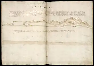 'Gezicht op het eiland Çacotoraa' van de Portugese edelman João de Castro uit zijn Roteiro do Mar Roxo ("Routekaart van de Paarse Zee") uit 1541.