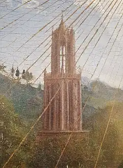 Domtoren gezien vanuit het zuidwesten op het Lam Gods van Van Eyck na restauratie