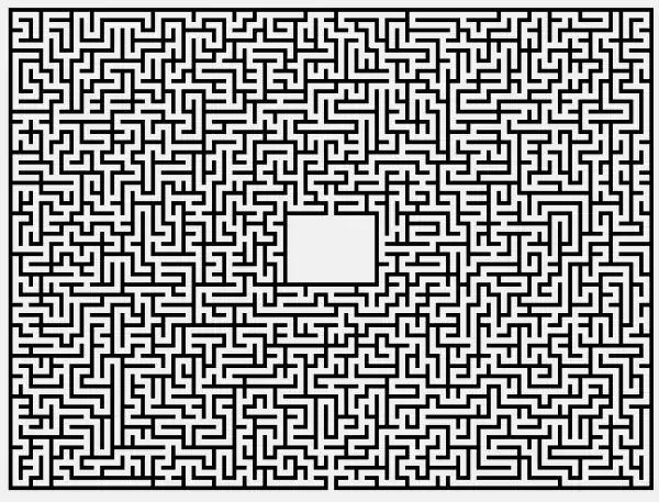 Een grote doolhof waarvan de oplossing een lange kronkelige weg is. (oplossing:https://commons.wikimedia.org/wiki/File:Doolhof_2_van_2.svg
