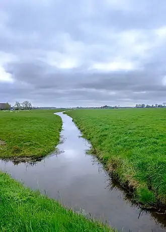 Polder de Eendracht ten westen van Dorkwerd gezien vanaf de Evert Harm Woltersweg naar het zuiden. Links Dorkwerd, op de achtergrond de Reitdiepwijk (Helwerd)