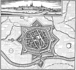 Merian-ets van Dorsten uit 1633; op de plattegrond is het zuiden boven.