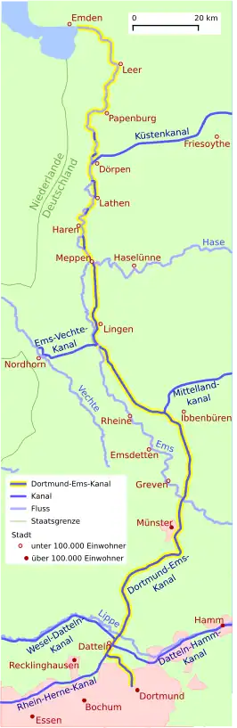 Kaart met de ligging van het kanaal en belangrijke zijkanalen