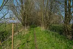 Het graspad naar boerderij Trekweg 2, die aan het zicht wordt onttrokken door de bomen.