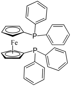 Structuurformule van 1,1'-bis(difenylfosfino)ferroceen