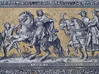 Albrecht II (links) op het vorstendoek van Dresden.