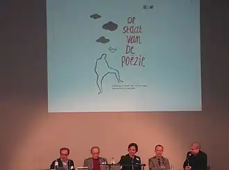 Möhlmann (midden) in debat met v.l.n.r. Joost Nijsen, Jozef Deleu, Harold Polis en Erwin Jans (Gent, 2013)