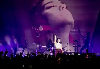 Colour picture of Dua Lipa performing during her tour