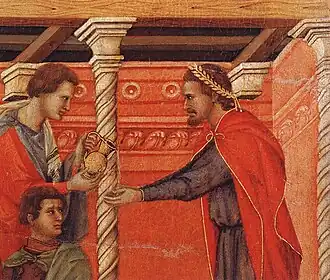 Detail uit "Pilatus wast zijn handen". Tempera op hout, tussen 1308 en 1311 van Duccio di Buoninsegna.