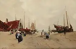 Katwijks vissersvolk en bomschuiten op het strand