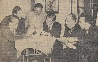 Zes Nederlandse componisten in 1947: v.l.n.r. Jaap Geraedts, Henk Stam, Harrend Vlag, Jurriaan Andriessen, Thierry van Driest en Sas Bunge