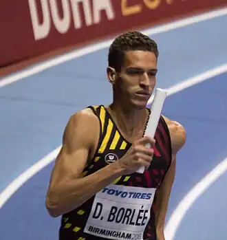 Dylan Borlée tijdens de series van de 4 x 400 m in Birmingham (WK indoor 2018).