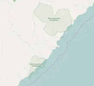 De kaart toont de drie deelgebieden van Zapovednik Dzjoegdzjoerski.