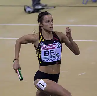 Laus tijdens de 4 x 400 m voor vrouwen op de EK indoor (Glasgow, 2019).