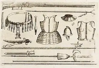 Wapenuitrusting gebruikt in de 17e eeuw, en ook tijdens de Slag om Grolle. Te zien zijn onder andere een kuras, morion, hellebaard, piek, musket met furket, en rapier.
