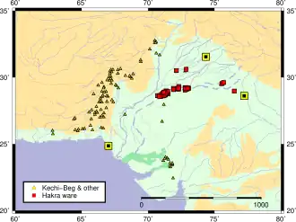 Sites met Hakra-aardewerk in het rood