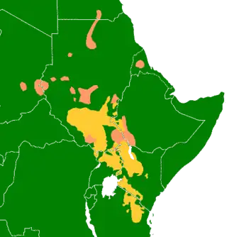 alt=verspreidingsgebied van de Oost-Soedanese talen ■&nbsp;Noordelijke Oost-Soedanese talen ■&nbsp;Zuidelijke Oost-Soedanese talen