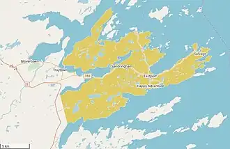 Kaart van het schiereiland Eastport (goudkleurig). Traytown ligt net ten westen ervan.