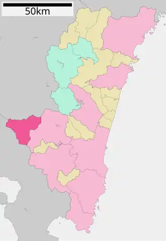 Situering van Ebino in de prefectuur Miyazaki