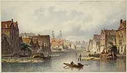 De Uilenburgergracht gezien richting de Houtkopersburgwal, op de achtergrond de torens van de Mozes en Aäronskerk, vervaardigd door Hilverdink, E. A. in 1870