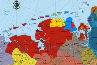 De landen van graaf Edzard I van Oost-Friesland in 1508 (rood)