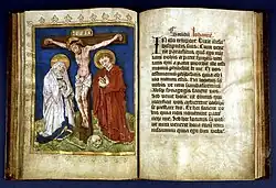 Miniatuur Kruisiging in Edenboek (15e eeuw)